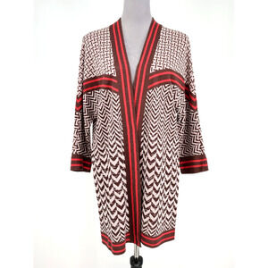 Zozo Sweater Womens Medium Gray Red Brown Open Cardigan Long Sleeve Boho Hipster